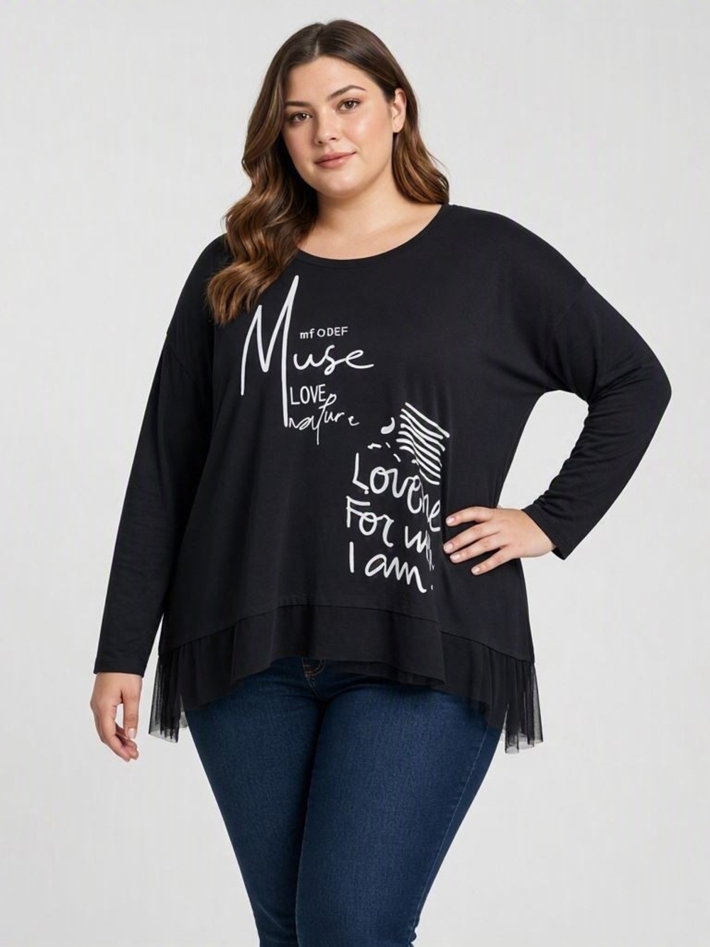Black Long Sleeve Graphic Tee with Sheer Layered Hem